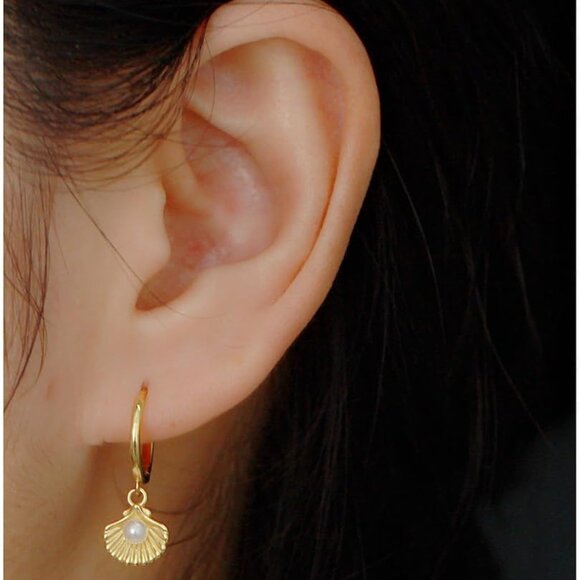 Gold Shell Pearl Dangle Small Hoop Earrings for Women and Teens - Sterling Silve - Picture 4 of 6